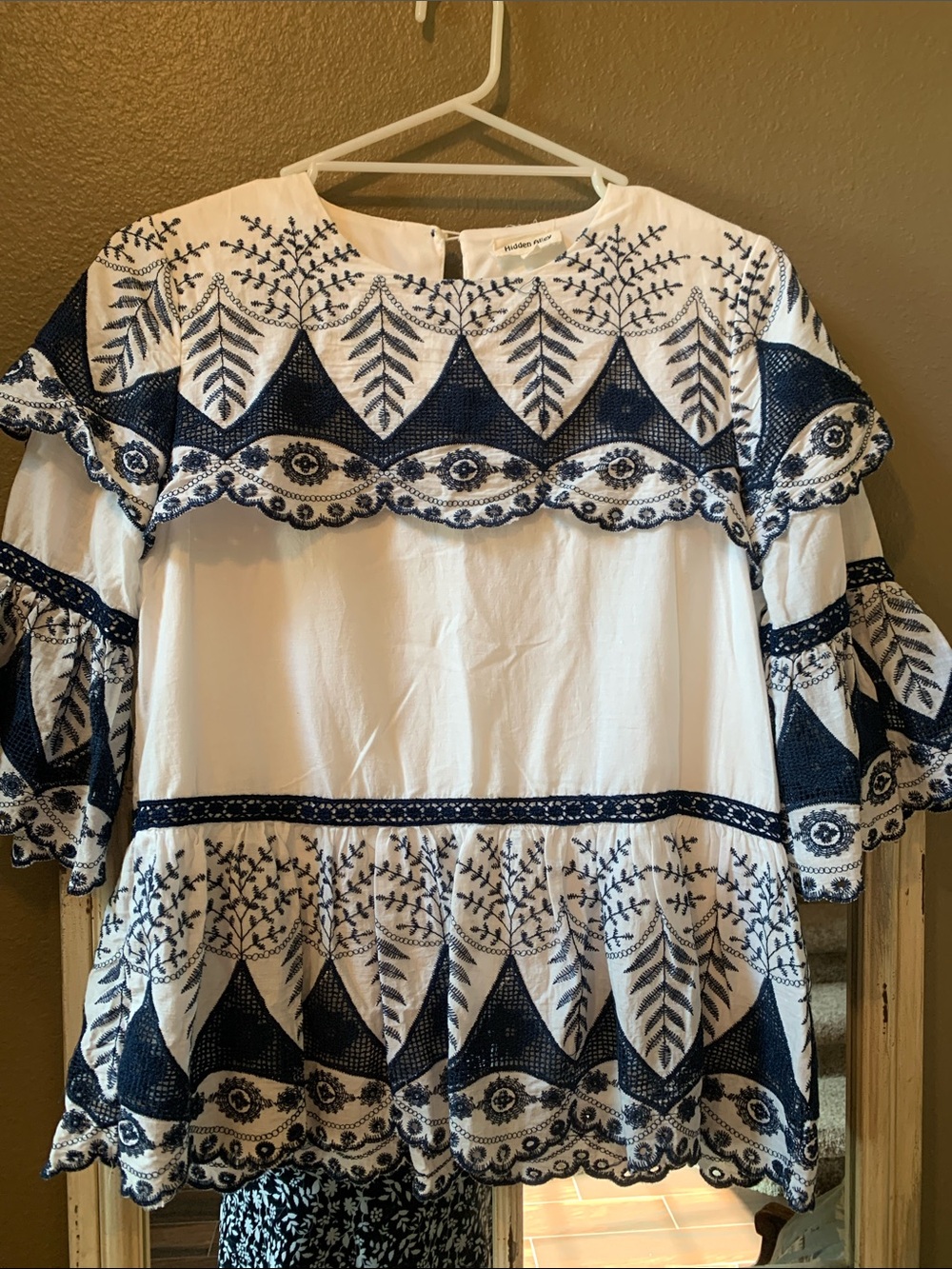 White and Navy Embroidered Peasant Blouse